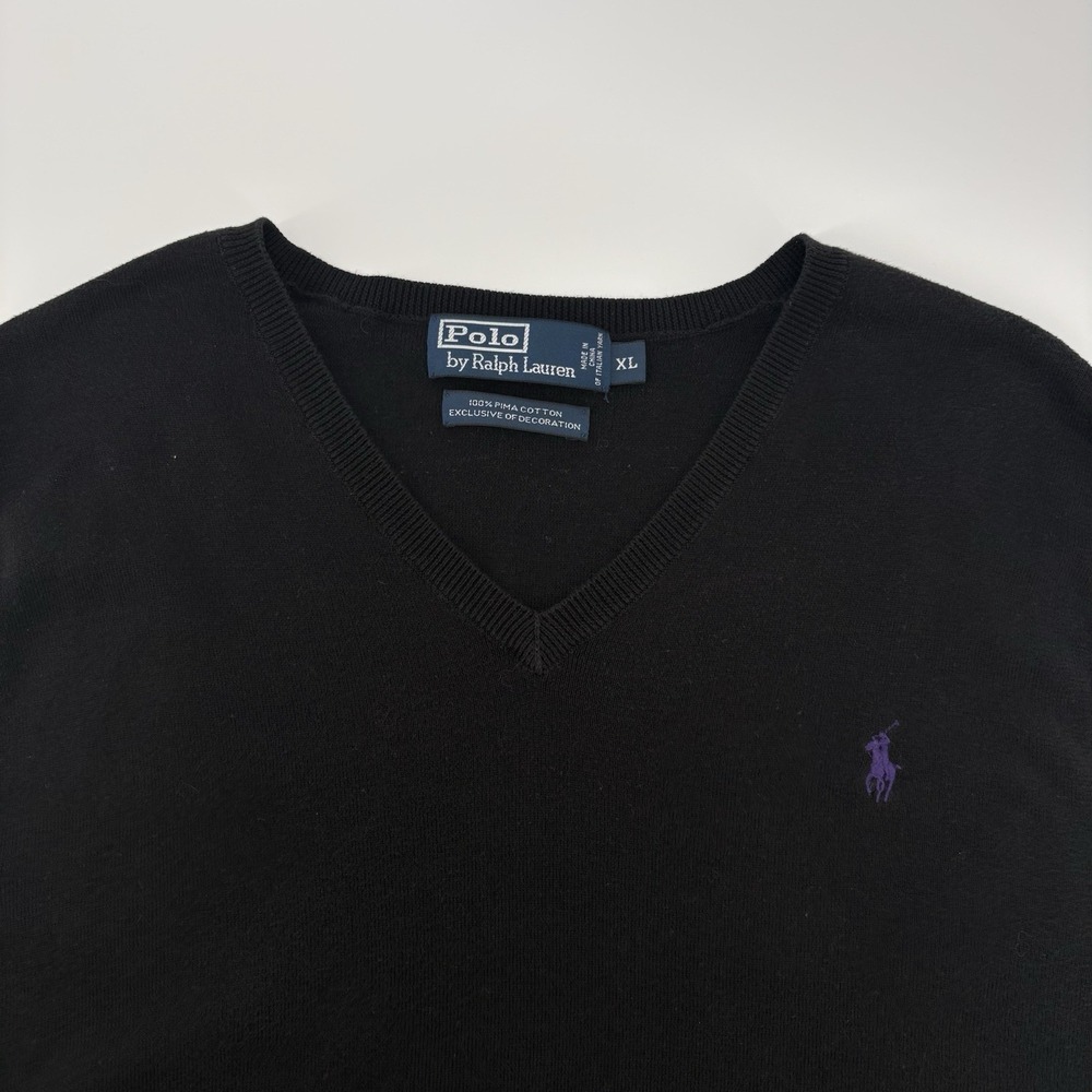 Polo Ralph Lauren 100% Pima Cotton Black V-Neck Sweater Vest Mens XL Purple Pony